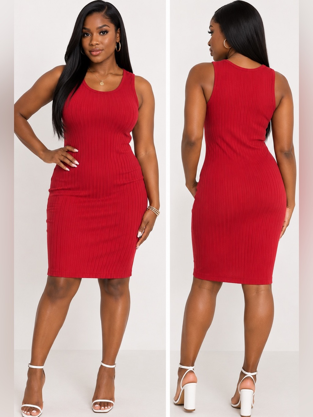 SHEIN Red Ribbed Tank Midi Dress